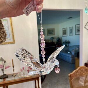 New Pink Beaded Hanging Clear Acrylic Dove Carrying Pink Acrylic Heart